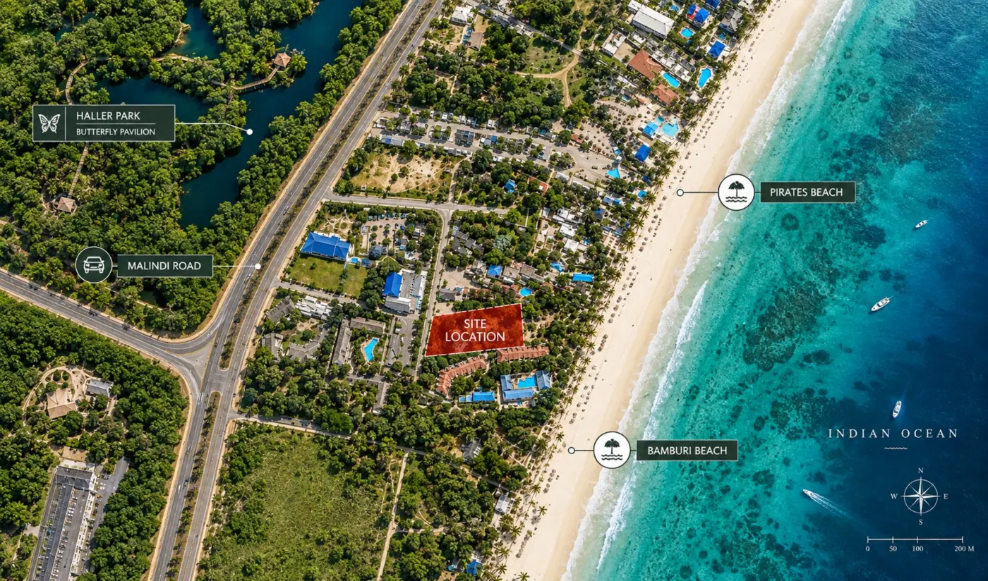 Aerial site plan — the site on the Bamburi shoreline between Malindi Road and the Indian Ocean, with Haller Park, Pirates Beach and Bamburi Beach marked